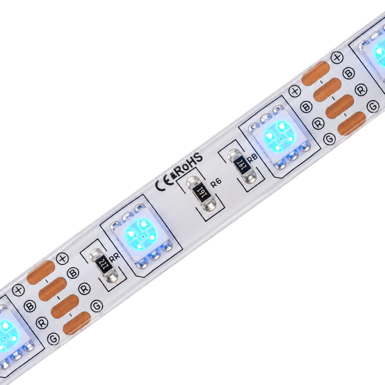 Detail zalitého RGB LED pásku s barevnými diodami